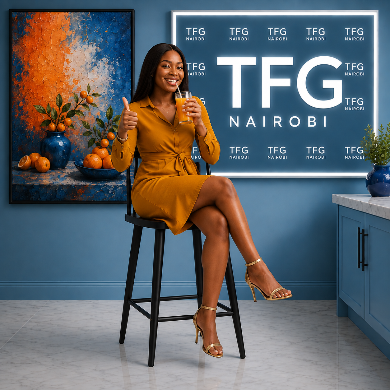Black Plastic Bar Chair - Client Approval Kileleshwa Happy client giving thumbs up approval while seated on the Nordic Premium black plastic bar chair at a kitchen island in Kileleshwa Nairobi by TFG Nairobi