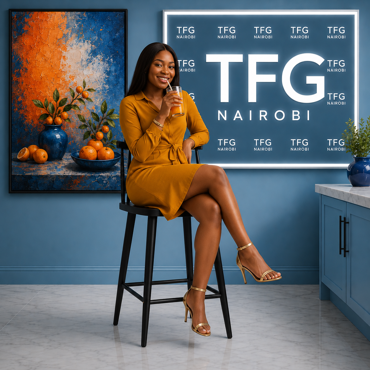Nordic Black Plastic Bar Chair - Lifestyle Kileleshwa Kitchen Setup Elegant woman sitting on a Nordic black plastic bar chair with spindle backrest at a kitchen island in Kileleshwa Nairobi by TFG Nairobi