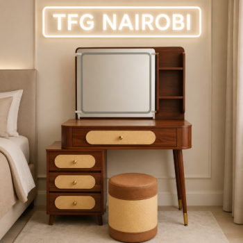 Laura wooden dressing table with mirror Kenya set featuring LED light mirror and stool in rich brown Karen Nairobi by TFG Nairobi