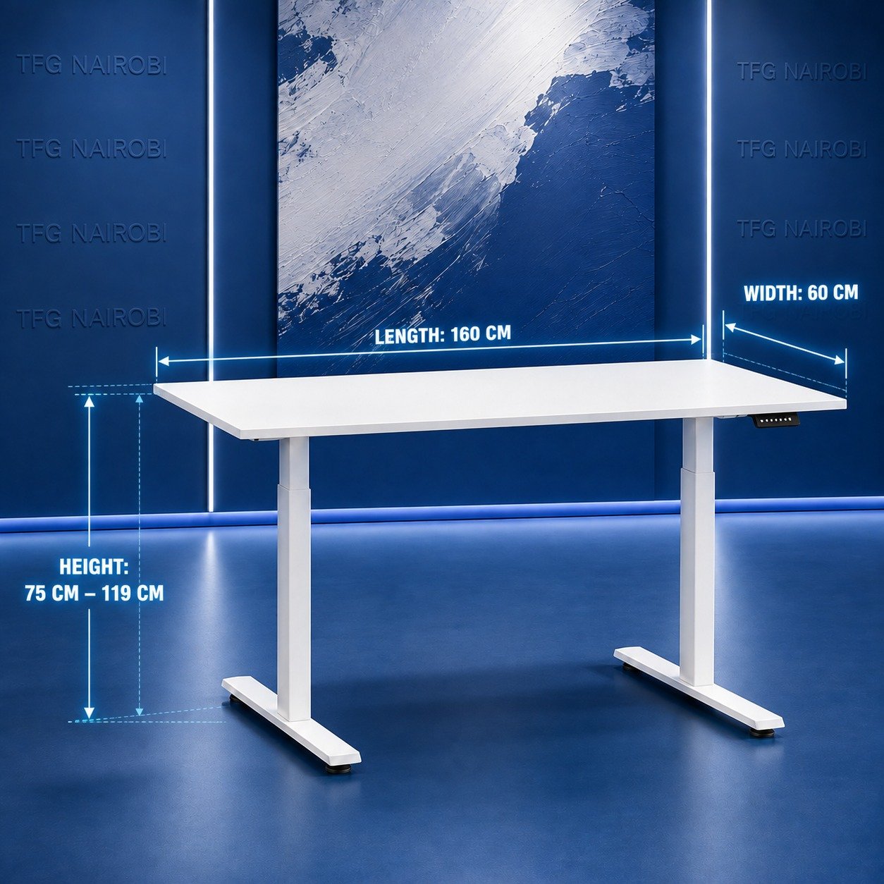 Desk PDW8001 Dims - Runda Nairobi Electric height adjustable desk dimensions: length 160cm, width 60cm, height 75-119cm