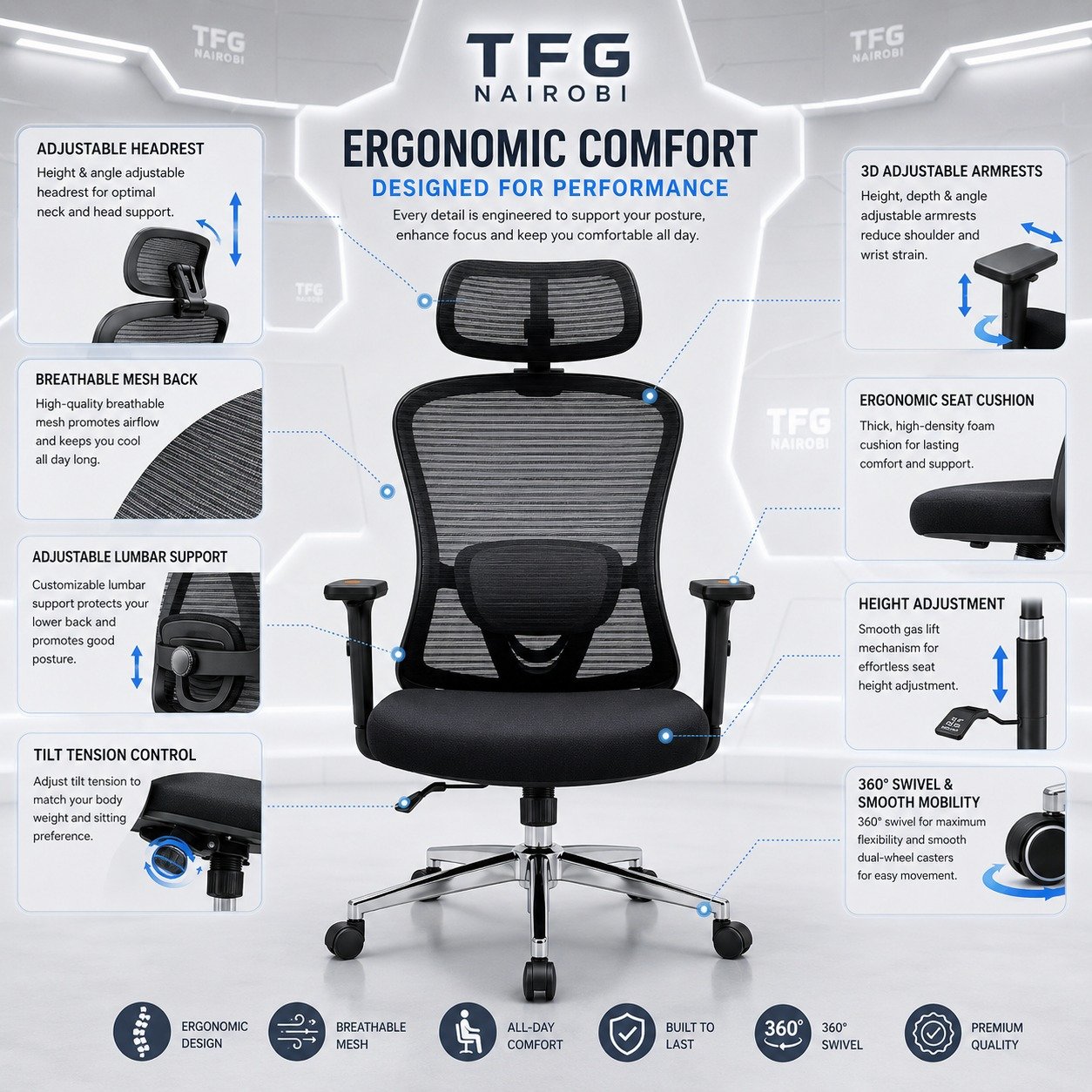 Ergonomic Mesh Chair Detailed Features - Imara Daima Nairobi Ergonomic mesh chair detailed features: 3D armrests, lumbar support, tilt control