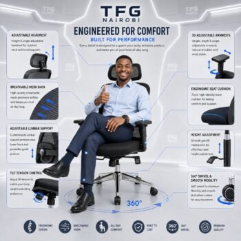Ergonomic mesh chair features: 3D armrests, lumbar support, tilt control