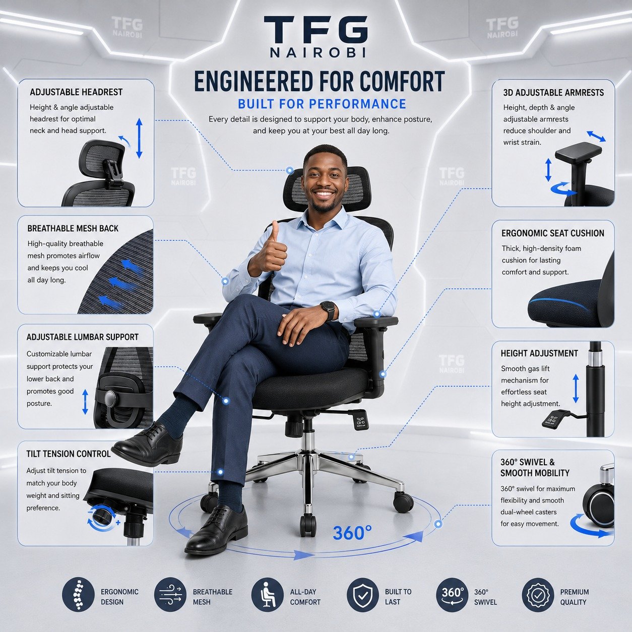 Ergonomic Mesh Chair Features - Imara Daima Nairobi Ergonomic mesh chair features: 3D armrests, lumbar support, tilt control