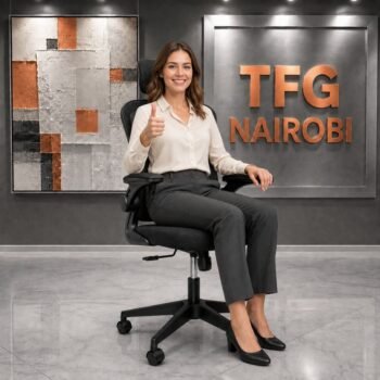 Corporate professional giving thumbs up while seated on the ERGOSTAR OFC881 ergonomic mesh office chair with flip-up arms in Upper Hill Nairobi by TFG Nairobi