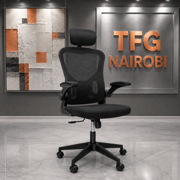 ERGOSTAR OFC881 ergonomic mesh office chair with flip-up arms and lumbar support at a corporate client office in Upper Hill Nairobi by TFG Nairobi