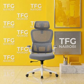 High back grey ergonomic office chair Nairobi with adjustable headrest lumbar support and white frame in Kileleshwa by TFG Nairobi