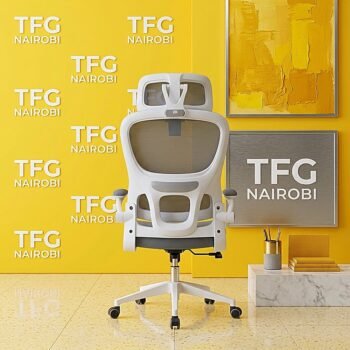 Rear view of high back ergonomic office chair Nairobi showing white S-curve nylon frame lumbar support and headrest in Kileleshwa by TFG Nairobi