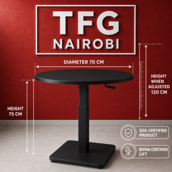Technical specification diagram for 70cm matte black height adjustable round table showing 75cm to 120cm height range SGS and BIFMA certified in Westlands Nairobi by TFG Nairobi