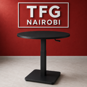 Matte black 70cm height adjustable round table with manual crank and pedestal base in Westlands Nairobi by TFG Nairobi