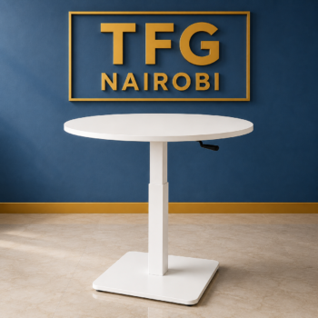 White 70cm height adjustable round table with manual crank and pedestal base in Westlands Nairobi by TFG Nairobi