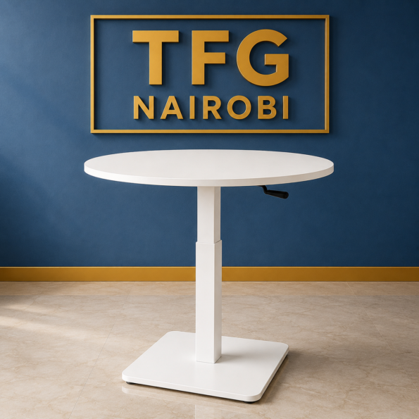 White 70cm height adjustable round table with manual crank and pedestal base in Westlands Nairobi by TFG Nairobi