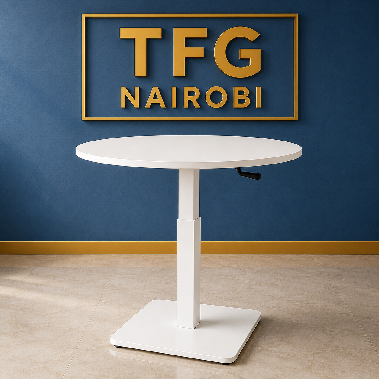 Height Adjustable Round Table 70cm - Westlands Nairobi White 70cm height adjustable round table with manual crank and pedestal base in Westlands Nairobi by TFG Nairobi