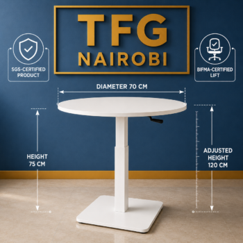 Technical spec diagram for 70cm height adjustable round table showing 75cm to 120cm dimensions SGS and BIFMA certified in Westlands Nairobi by TFG Nairobi