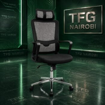 High-back mesh office chair with adjustable headrest, black, Upper Hill, Nairobi