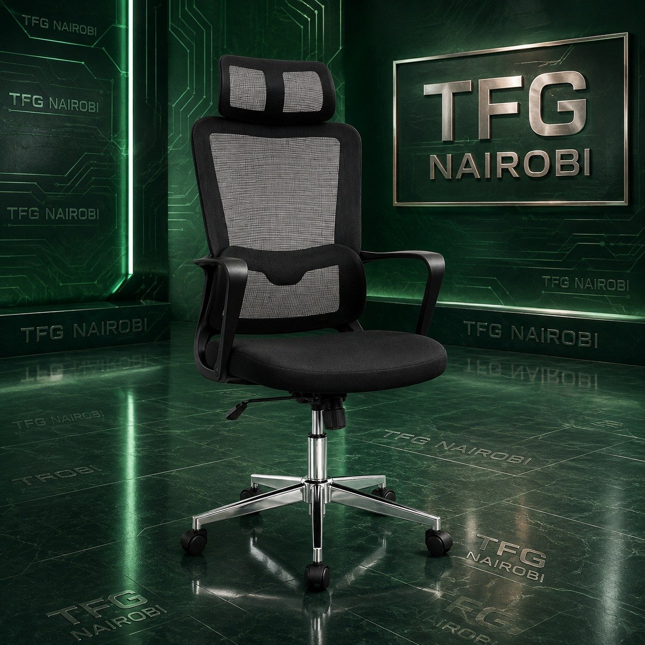 High-Back Mesh Office Chair - Upper Hill Nairobi High-back mesh office chair with adjustable headrest, black, Upper Hill, Nairobi