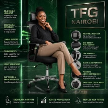 High-back mesh office chair features: headrest, lumbar support, tilt control