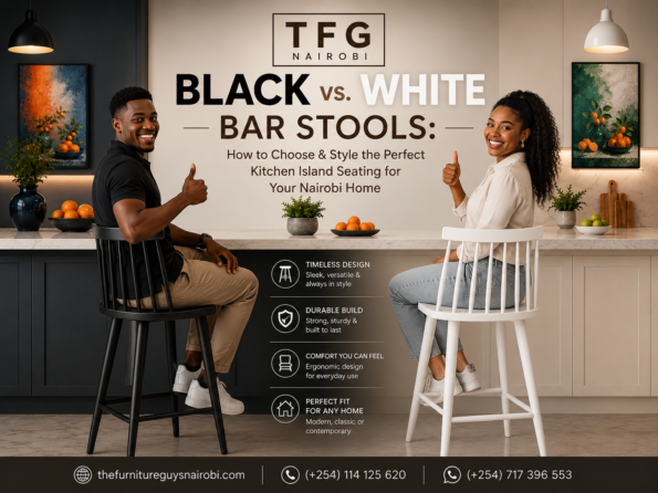 Happy clients giving thumbs up while seated on black and white kitchen island bar stools nairobi by TFG Nairobi