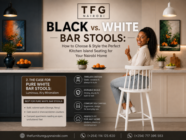 Woman giving thumbs up on a pure white spindle back counter chair styling guide for kitchen island bar stools nairobi by TFG Nairobi