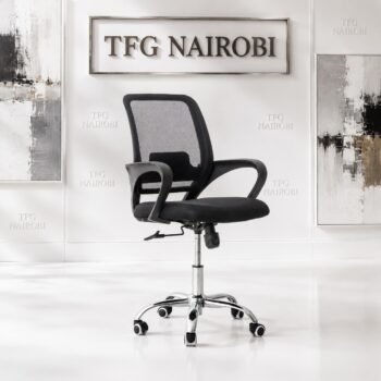 Low-back office chair in black with mesh backrest and chrome base, Kitisuru, Nairobi