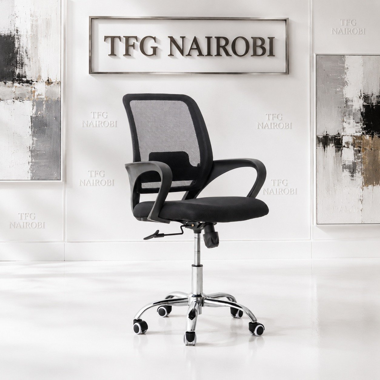 Low-Back Office Chair Black - Kitisuru Nairobi Low-back office chair in black with mesh backrest and chrome base, Kitisuru, Nairobi