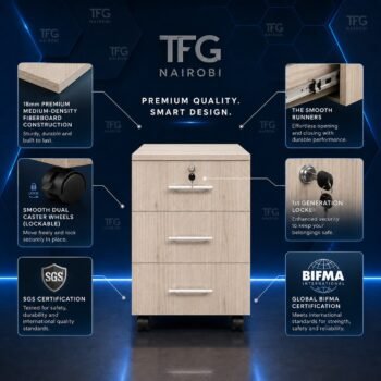 Mobile pedestal cabinet features: 18mm MDF, lockable wheels, SGS & BIFMA certified