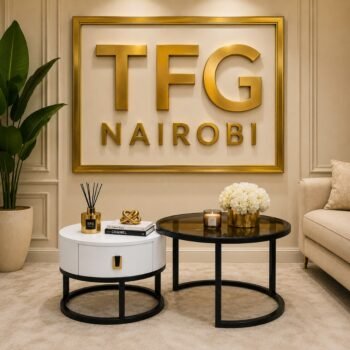 Nesting table set styled in a modern living room in Parklands, Nairobi, next to a beige sofa
