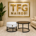 Nesting table set with white drawer table and smoked glass table in a Parklands, Nairobi living room