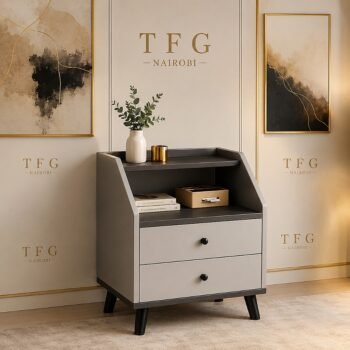 Nightstand with drawers and open shelves styled in a bedroom in Lavington, Nairobi