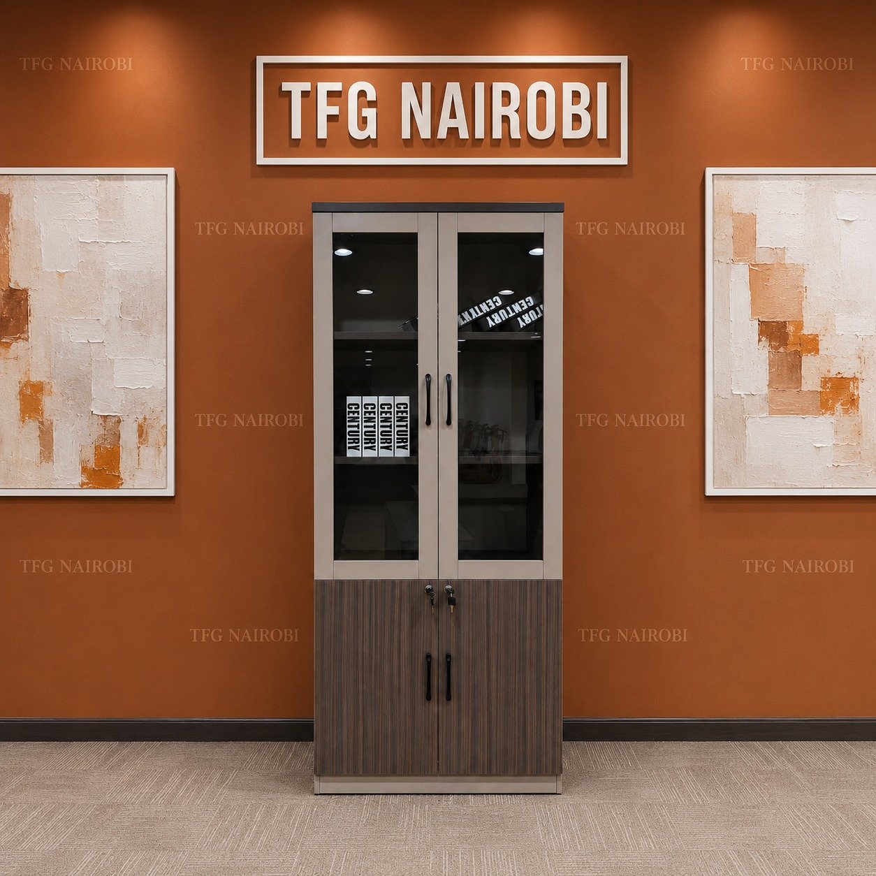 Office Bookshelf Lockable Cabinet - Kitisuru Nairobi Office bookshelf with lockable cabinet, glass doors, at an office in Kitisuru, Nairobi