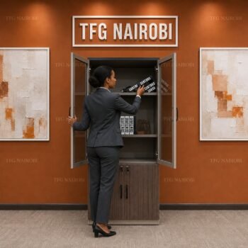 Woman organizing shelves in office bookshelf with lockable cabinet, Kitisuru, Nairobi