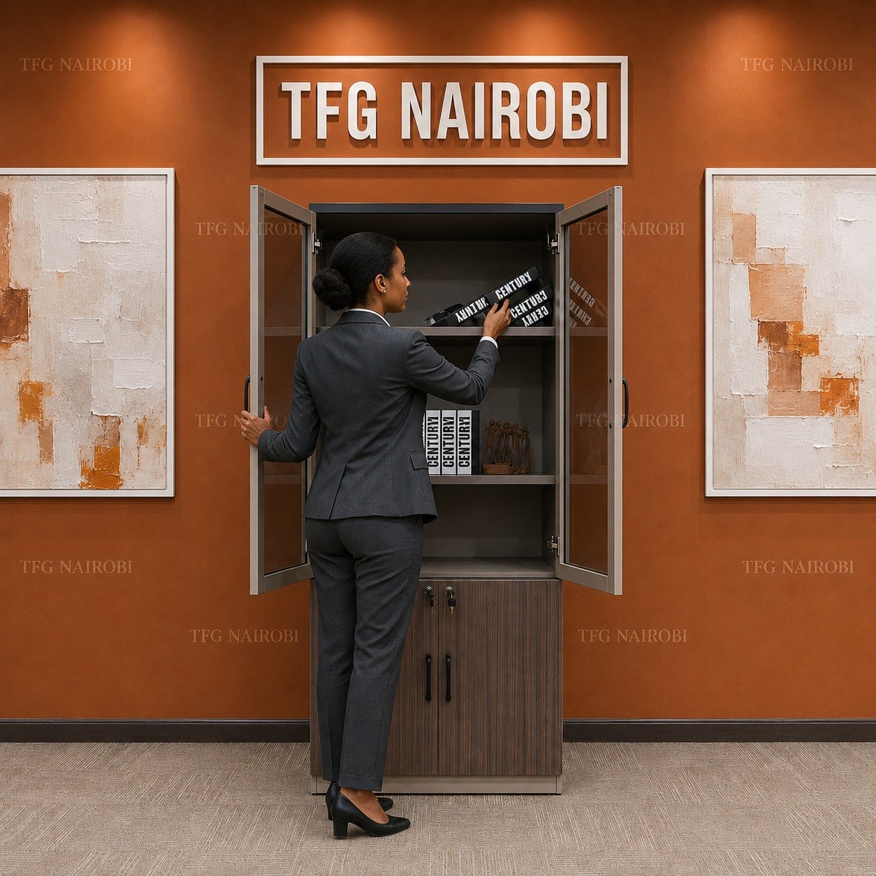 Office Bookshelf Lockable Cabinet Lifestyle - Kitisuru Nairobi Woman organizing shelves in office bookshelf with lockable cabinet, Kitisuru, Nairobi