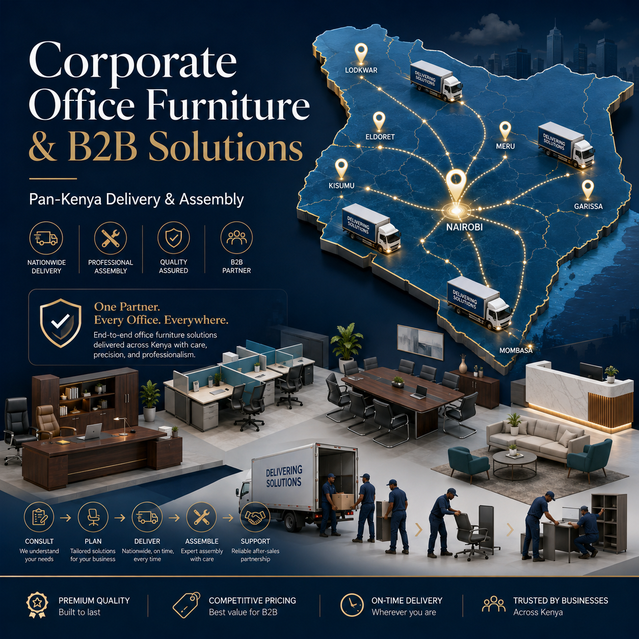 Pan-Kenya corporate office furniture delivery and assembly logistics network map by TFG Nairobi serving Nairobi, Mombasa, Kisumu, Eldoret, Meru, Garissa, and Lodkwar.