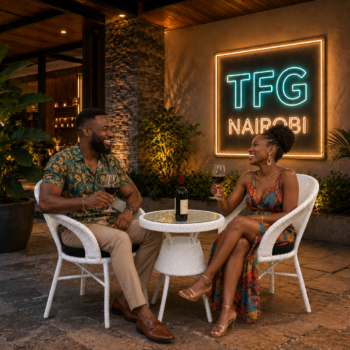 Couple enjoying wine seated on a 3 piece white PE rattan outdoor patio bistro set with black cushions in Kilimani Nairobi by TFG Nairobi