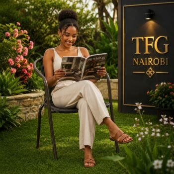 Woman relaxing in stackable rattan chair in a garden, Loresho, Nairobi