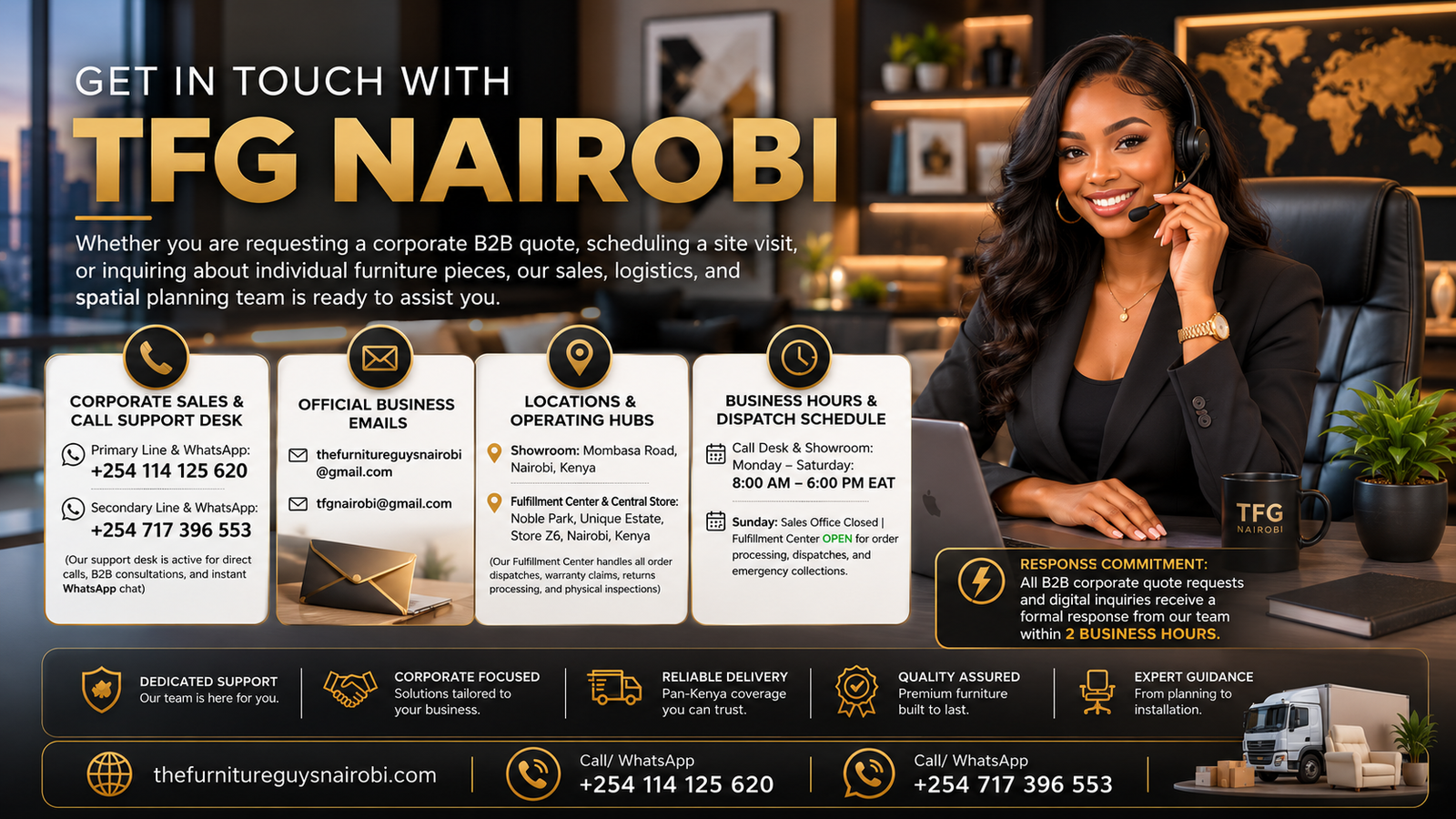 TFG Nairobi official contact support banner showing call desk lines, Mombasa Road showroom, Noble Park fulfillment center, and operating hours in Nairobi Kenya.