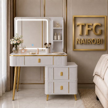 Styled Laila white dressing table with mirror Kenya featuring illuminated LED mirror makeup brushes perfumes and gold accents in Kilimani Nairobi by TFG Nairobi
