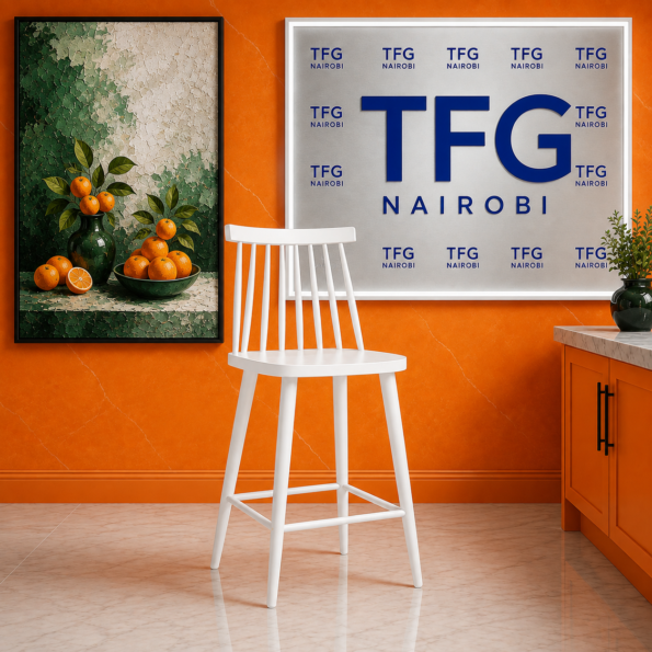 Nordic Premium white plastic bar chair with spindle backrest at a client kitchen island in Kileleshwa Nairobi by TFG Nairobi