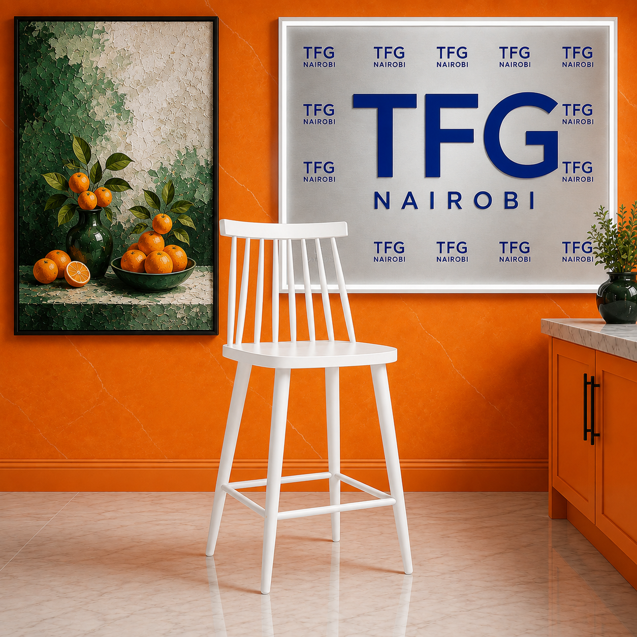 White Plastic Bar Chair - Kitchen Island Kileleshwa Setup Nordic Premium white plastic bar chair with spindle backrest at a client kitchen island in Kileleshwa Nairobi by TFG Nairobi