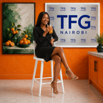 Woman enjoying juice while seated on the Nordic Premium white plastic bar chair at a client kitchen island in Kileleshwa Nairobi by TFG Nairobi