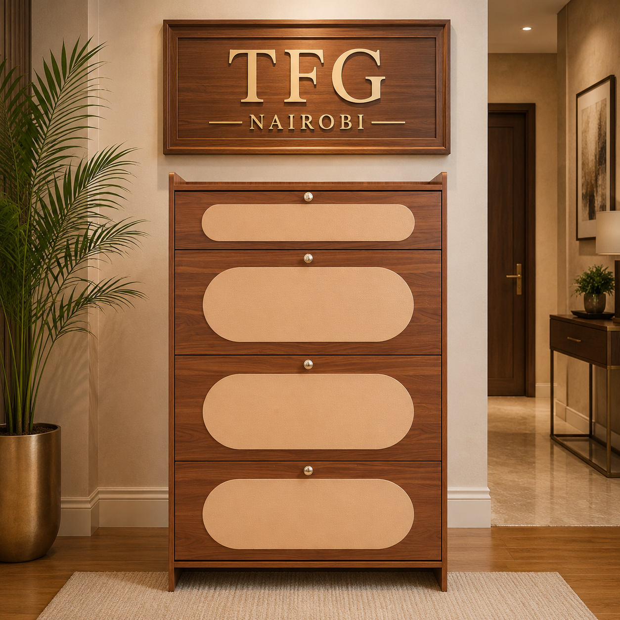 Wooden Shoe Racks for Sale in Nairobi - Kileleshwa Entryway 4 tier wooden shoe storage cabinet for sale in Nairobi with flip drawers and walnut finish in Kileleshwa by TFG Nairobi