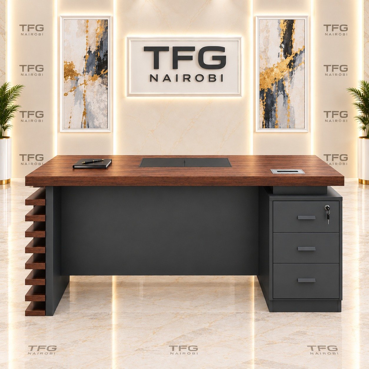 1.4m Executive Office Desk - Seated Working View & Lockable Drawers - Upper Hill Nairobi Seated working view of 1.4m Executive Office Desk featuring attached 3-drawer lockable pedestal with key, central writing pad inlay, and cable grommet in Upper Hill, Nairobi