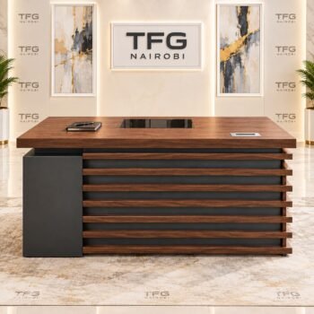 1.4m Executive Office Desk with dark walnut finish, slatted modesty front, central inlay writing pad, and lockable storage pedestal in Upper Hill, Nairobi