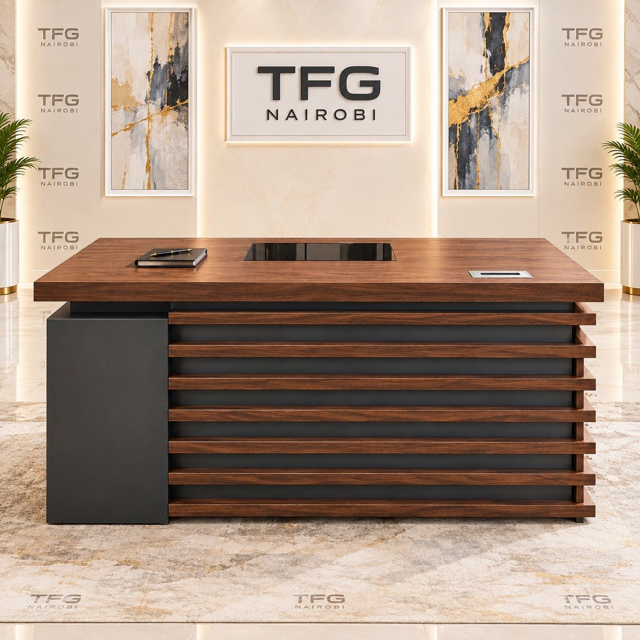 1.4m Executive Office Desk - Dark Walnut Slatted Front - Upper Hill Nairobi 1.4m Executive Office Desk with dark walnut finish, slatted modesty front, central inlay writing pad, and lockable storage pedestal in Upper Hill, Nairobi