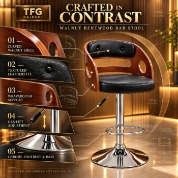 Bentwood Bar Stool features: curved walnut shell, leatherette cushion, gas-lift, chrome base, Kilimani, Nairobi
