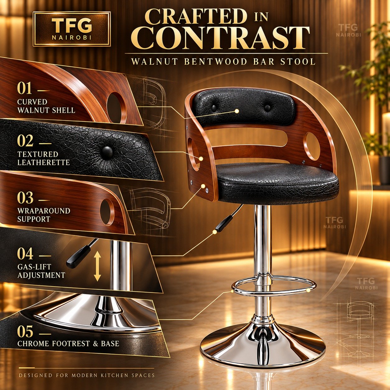 bentwood-bar-stool-features-kilimani-nairobi Bentwood Bar Stool features: curved walnut shell, leatherette cushion, gas-lift, chrome base, Kilimani, Nairobi