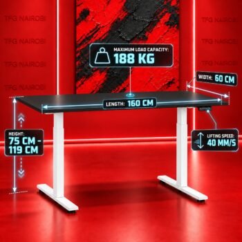 Feature infographic of the Electric Height Adjustable Desk 160x60cm Res Novae PDBW8001 showing 188kg max load capacity, 40mm/s lifting speed, and 75-119cm height range along Kiambu Road, Nairobi