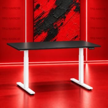 Electric Height Adjustable Desk 160x60cm Res Novae PDBW8001 with matte black top, white motorized steel T-leg base, and digital LED controller staged along Kiambu Road, Nairobi
