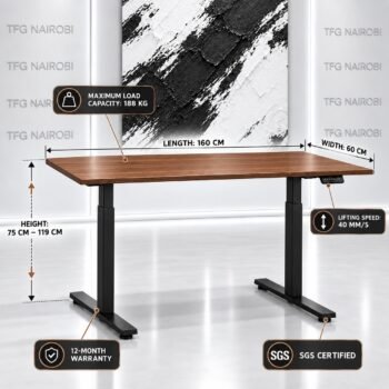Technical infographic for Electric Height Adjustable Desk Kenya 160x60cm Walnut Top Black Frame Res Novae PDWNB8001 showing 188kg load capacity, 40mm/s lift speed, and 75-119cm elevation in Lavington Nairobi
