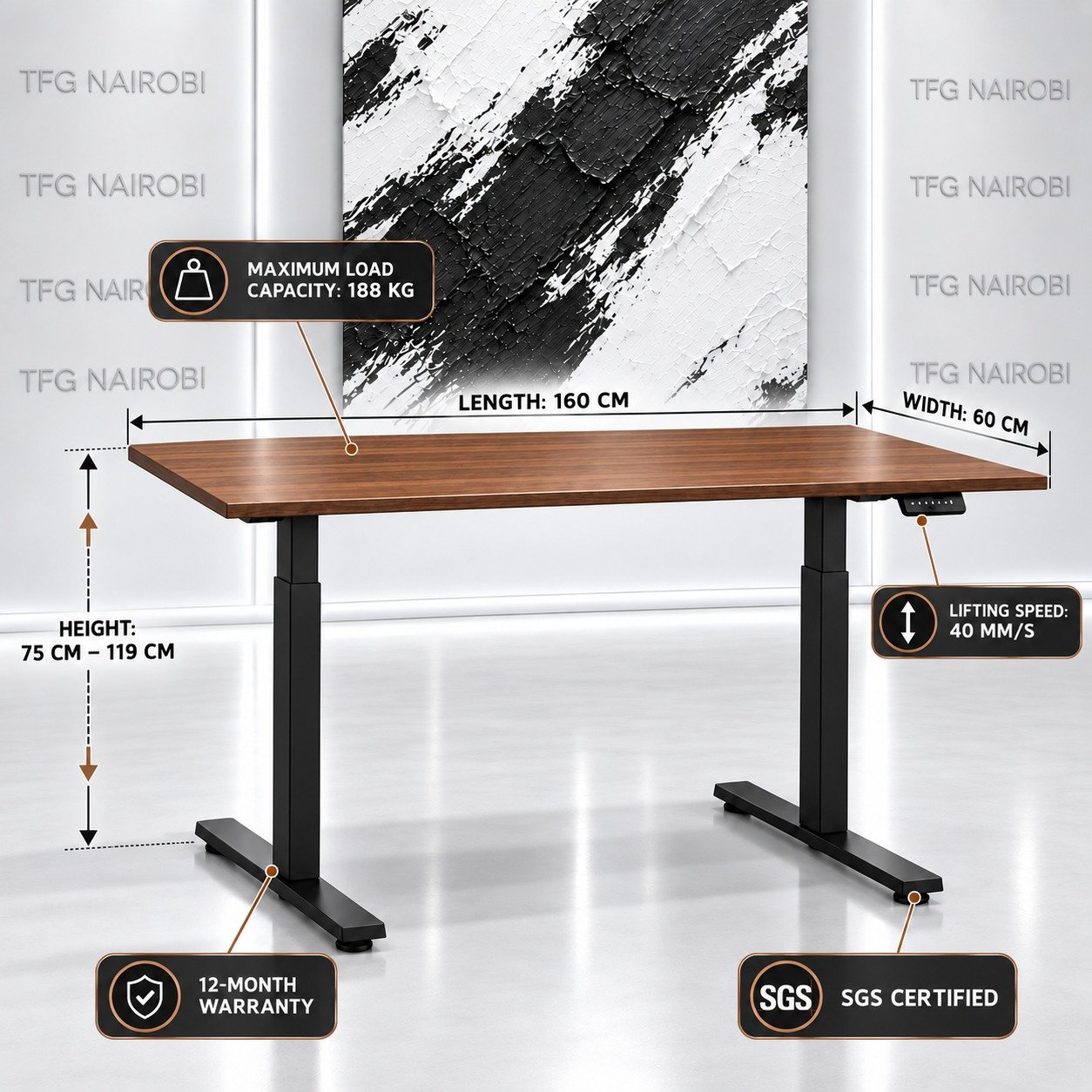 Electric Height Adjustable Desk Kenya 160x60cm Walnut Black Res Novae PDWNB8001 Infographic - Lavington Nairobi Technical infographic for Electric Height Adjustable Desk Kenya 160x60cm Walnut Top Black Frame Res Novae PDWNB8001 showing 188kg load capacity, 40mm/s lift speed, and 75-119cm elevation in Lavington Nairobi