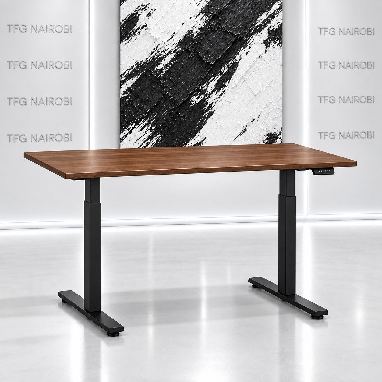 Electric Height Adjustable Desk Kenya 160x60cm Walnut Black Res Novae PDWNB8001 - Lavington Nairobi Electric Height Adjustable Desk Kenya 160x60cm Walnut Top Black Frame Res Novae PDWNB8001 studio render for executive office setup in Lavington Nairobi by TFG Nairobi